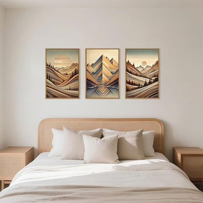 Aryroi Vintage Woodcut Style Mountain Framed Canvas Wall Art Set,Mid Century Nature Woodland Pine Tree Wall Decor,Modern Boho Brown Sunrise Forest Artwork for Living Room,Bedroom,Office- 16"x24"x3