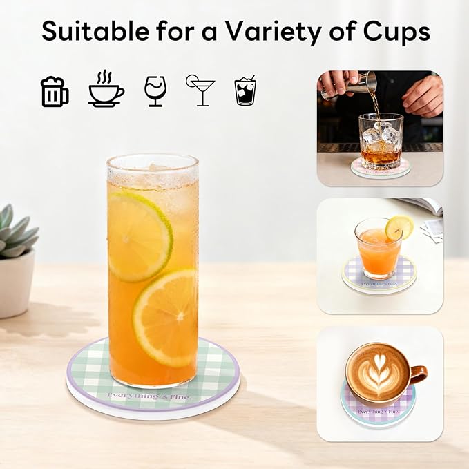 6-Piece Ceramic Coaster Set with Tray Diameter: 3.94 in Thickened Absorbent Material Heat-Resistant and Water-Absorbent Coaster Set Suitable for All Types of Cups， Checkered