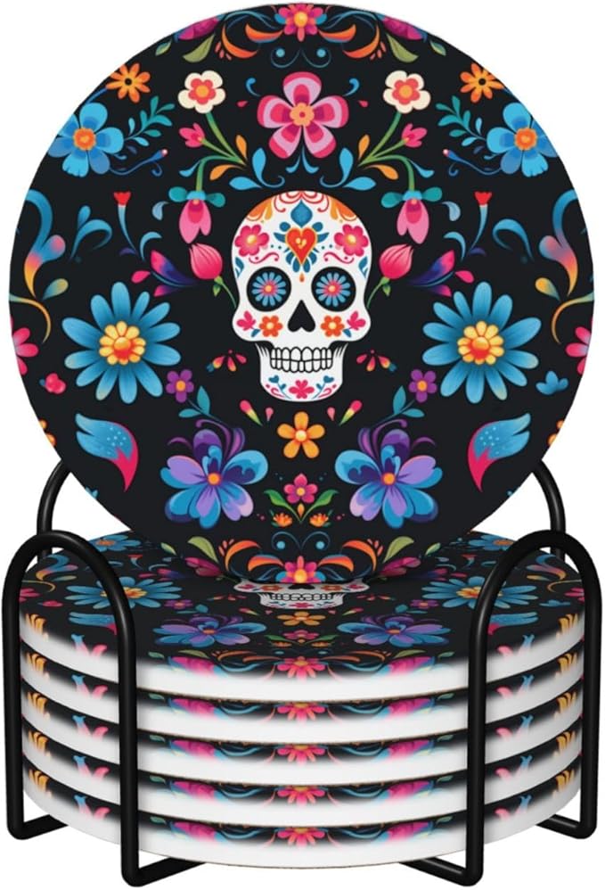 6 Pcs Ceramic Coasters with Holder Absorbent Drink Round Mexican Sugar Skulls Flowers Design for Home Table Coffee Cup Wine Beer Bar,Size 4.4 inches