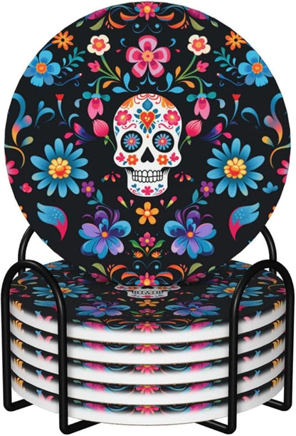 6 Pcs Ceramic Coasters with Holder Absorbent Drink Round Mexican Sugar Skulls Flowers Design for Home Table Coffee Cup Wine Beer Bar,Size 4.4 inches