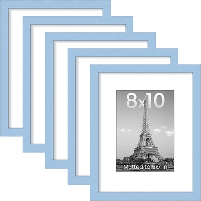 upsimples 8x10 Picture Frame Set of 5, Display Pictures 5x7 with Mat or 8 x 10 Without, Wall Gallery Photo Frames, Blue
