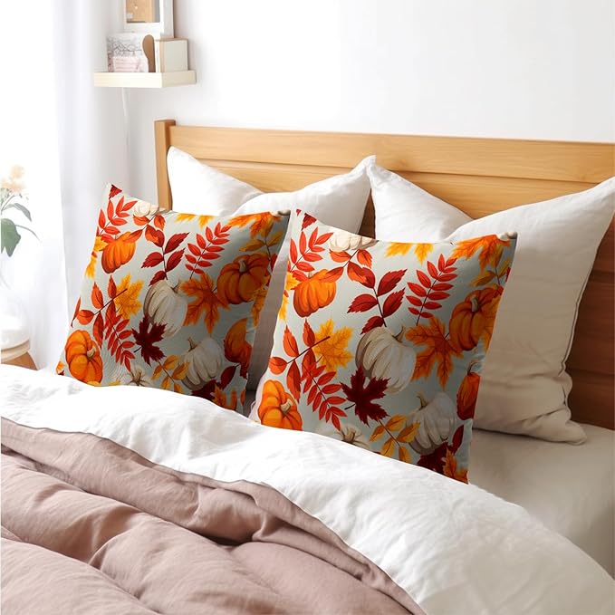 Pumpkin Fall Pillow Covers 22x22 Set of 2 Orange Beige Autumn Thanksgiving Pillow Cases Maple Leaf Print Outdoor Decorative Holiday Cushion Cover Rustic Decoration Farmhouse Home Sofa Couch Bed Decor