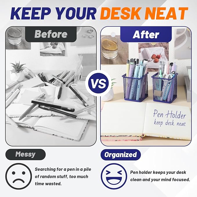 Segarty Pen Cup Holder, 12 Pack Square Dark Blue Pen Holder for Desk, Cute Metal Mesh Pencil Cups Container Marker Organizer Set for Office Supply, School Classroom, Home Desktop, Makeup Brush Storage