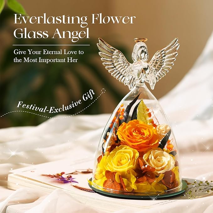 Valentines Day Roses Gifts for Women,Preserved Real Flowers Roses in Glass Angel Figurines,Valentines Day Gifts for Women Mom Wife Girlfriend./Yellow