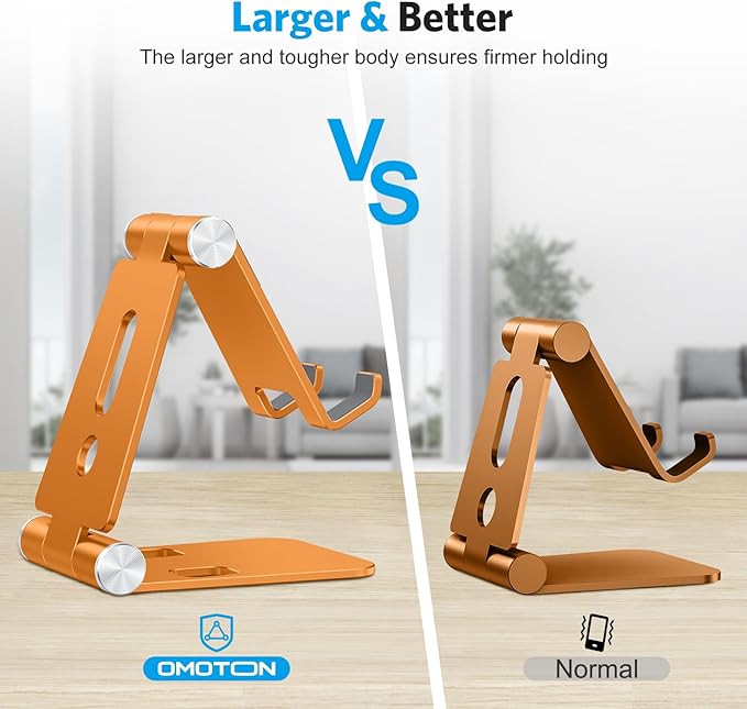 OMOTON Foldable Cell Phone Stand, C4 Portable Aluminum Phone Holder, Adjustable Phone Dock Cradle Compatible with iPhone 17/16/15 Pro Max Air, Samsung Galaxy, Small Tablets, Smart Phones, Orange