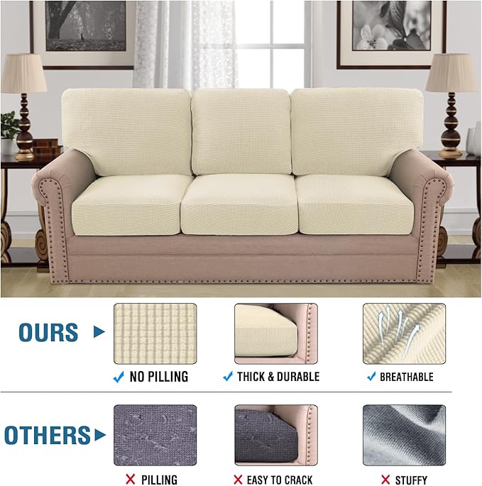 H.VERSAILTEX Multi-Pieces Couch Covers for 3 Cushion Sofa High Stretch Couch Cushion Covers Jacquard Textured Twill Fabric(3 Seat Covers Plus 3 Back Cushion Covers, Natural)