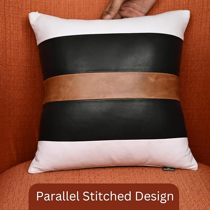 LL LEATHER LOVERS Genuine Lambskin Leather Pillow Cover, 18x18 Inch Case for Lumbar Throw Couch Pillows, Thick & Soft Cushion Covers for Sofa Bed Home Décor (White Black & Tan Pack of 2)