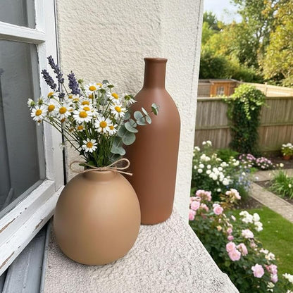 Ceramic Vase Set of 3 - Small Modern Minimalist Ceramic Bud Vases for Home Decor - Boho Aesthetic Flower Vases for Desk, Shelf & Table, Mantle, Bookshelf (Cute & Versatile) (Brown Mix)