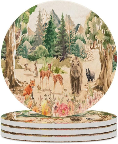 Forest Drink Coasters, Round Ceramic Drink Coaster Round-4PCS, Retro Mountain Forest Nature Tree Woodland Flower Animal Bear, Deer Decor Absorbent Ceramic Coasters for Beverage Cup, Bar, Coffee Table