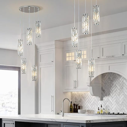 LMQNINE Pendant Light, Chrome Modern Pendant Light Fixtures, Mini Crystal Chandeliers, Adjustable 5-Light Pendant Lighting for Kitchen Island Dinning Room Bedroom (Chrome 5-Light)