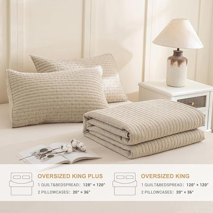 Sanracie Cotton Oversized King Bedspread(128"x120"), Soft Dark Wheat Color Stonewashed Extra Large Wide Oversized Quilt Sets Cross Stitch Lightweight Crinkle Coverlet Set 3Pcs for All Season