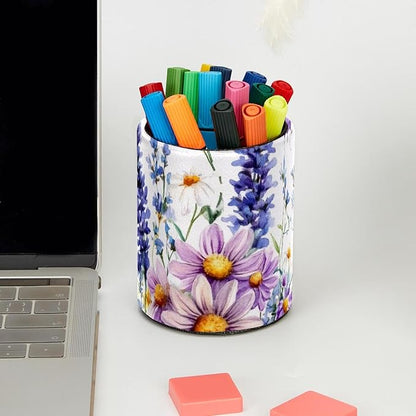 Wildflowers Purple Bluebell Sage Chamomile with Butterflies Pen Holder for Desk, Round Pencil Cup Desktop Stationery Organizer for Home Office School Desk Brushes Storage