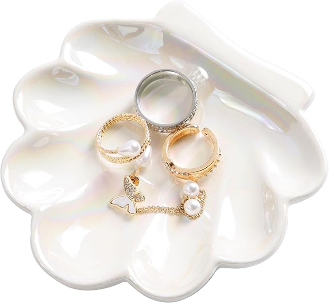 OSOPOLA Ceramic Pearlescent Shell Jewelry Tray - Decorative Ring Holder Dish Key Tray Cute Jewelry Plate Trinket for Women,Home Decor,Christmas Birthday Gifts HE02CS