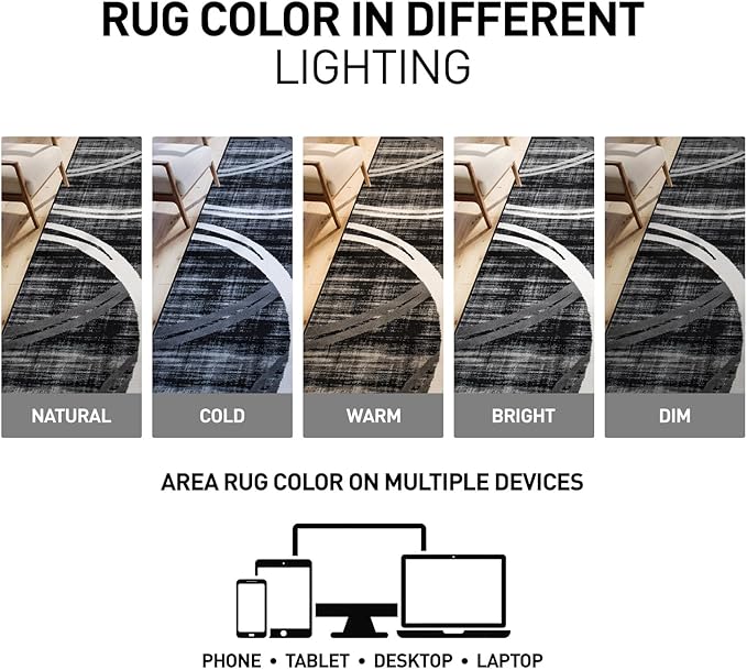 Rugshop Modern Wavy Circles Design Area Rug, Carpet with Jute Backing for Living Room, Bedroom, or Home Office, Black, 5'3" x 7'3"