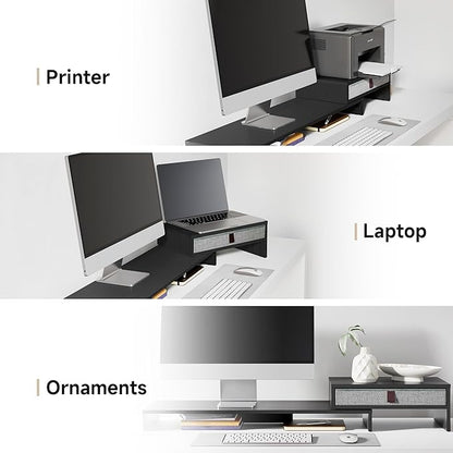 Fenge Computer Monitor Riser Stand with Drawer for 2 or 3 Monitors ,Adjustable Length and Angle Desktop Laptop Stand,Office Organizer,Printer,Black
