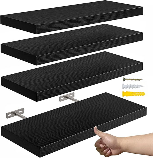 YUFLINX 16’’Black Floating Shelves for Wall Set of 4,Rustic Wood Shelf for Room Decor/Storage/Display,Small Bookshelf,Wall Mounted Hanging Shelves for Bedroom, Bathroom, Living Room, Kitchen