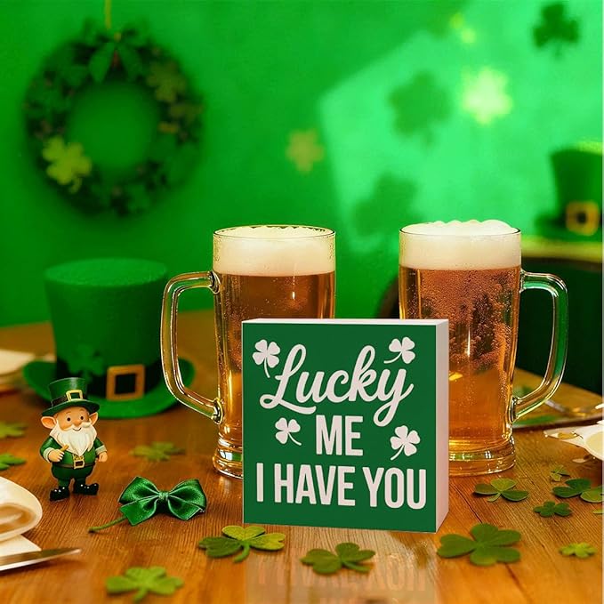St. Patrick's Day Decor Lucky Me I Have You Wooden Box Sign, Irish Quote Tabletop Decoration for Home Shelf Desk Mantel, Farmhouse Holiday Wooden Decor Gift for Family Couples 5 x 5 Inches