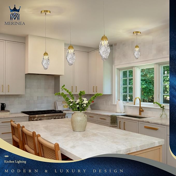 Gold Crystal Pendant Light, Modern Mini Hanging Ceiling Light with Prism K9 Crystals, LED Compatible Small Chandelier for Kitchen Island, Bathroom, Bedroom, Bar, Hallway, Foyer