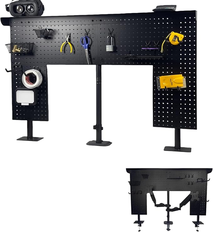 Studio Desk Pegboard with 2 Monitor Mounts Gas Spring Adjustable Arms, Work Bench 47 x 31 inch Heavy Duty Steel Stand Pegboard-Table Shelf Organizer for Workshop, Gaming and Live Streaming Accessories