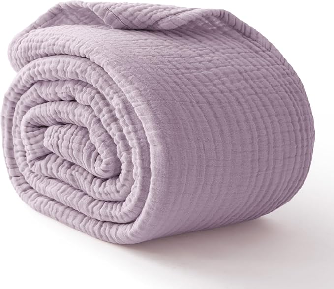100% Cotton Muslin Blanket Queen 90" x 90", 6 Layers Breathable and Lightweight Cotton Throw Blanket for Bed, Soft Quilt Bedspread Coverlet, Gauze Blanket for Adults All Season, Lavender