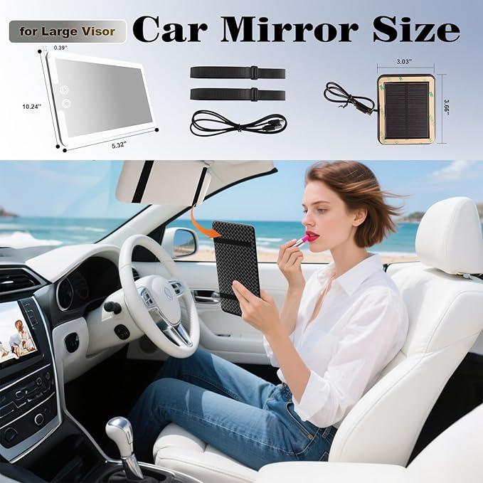 Upgraded Large Led Car Vanity Mirror with Solar&USB-C Charging,10" Sun Visor Mirror with 3-Color Dimmable Rechargeable LED Lights,Car Makeup Mirrors with Secure Reinforced Flexible Mount