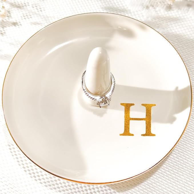 Ceramic Initials Jewelry Tray Ring Dish With Personalized H-Monogrammed Engagement Wedding Gifts, for Birthday Mother's Day for Women, Ceramic White 4.7" x2.4"
