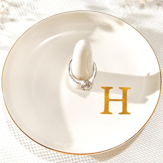 Ceramic Initials Jewelry Tray Ring Dish With Personalized H-Monogrammed Engagement Wedding Gifts, for Birthday Mother's Day for Women, Ceramic White 4.7" x2.4"