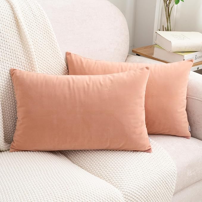 HWY 50 Dusty Pink Velvet Rectangular Throw Pillow Covers 12x20 Inch, Pack of 2 Soft Cozy Solid Decorative Luxury Cushion Cases for Couch Sofa Bed Living Room Bedroom