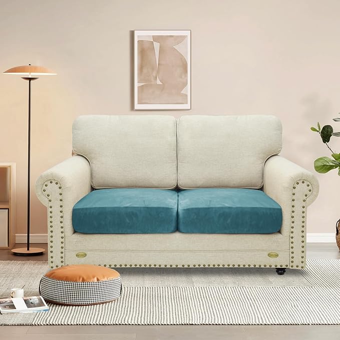 MAXIJIN Velvet Stretch Cushion Covers Couch Cushion Slipcover Loveseat Sofa Cushion Covers for Individual Cushions with Elastic Bottom (2 Piece Seat Slipcovers, Peacock Blue New)