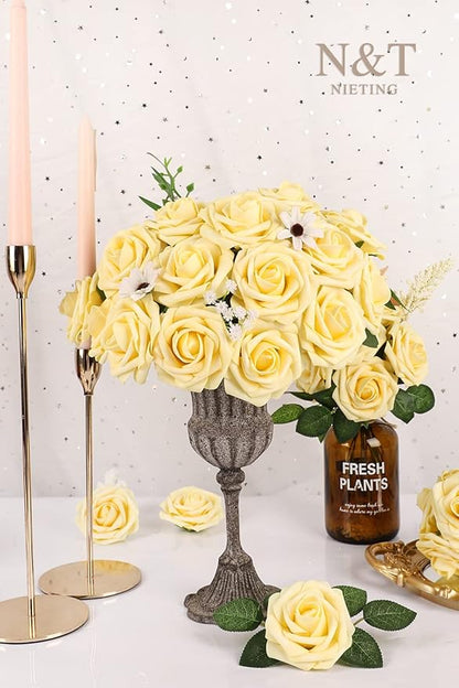 N&T NIETING Artificial Flowers, 25Pcs Fake Flowers Goose Yellow Roses Perfect for DIY Wedding Bouquets Centerpieces Bridal Shower Party Home Flower Arrangement Decorations