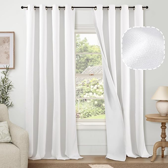 Lajode White Blackout Curtains for Living Room 90 Inch Length 2 Panels Set, Thermal Insulated Black Out Privacy Soundproof Grommet Farmhouse Linen Window Curtains for Bedroom Darkening, Each 52”Wide