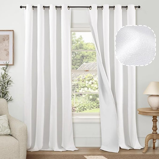 Lajode White Blackout Curtains for Living Room 90 Inch Length 2 Panels Set, Thermal Insulated Black Out Privacy Soundproof Grommet Farmhouse Linen Window Curtains for Bedroom Darkening, Each 52”Wide