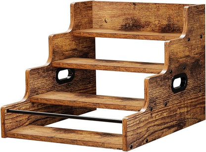 KLM Liquor Bottle Display Shelf, Coffee Syrup Rack Organizer, 4 Step Countertop Liquor Wine Rack, mini bar,liquor cabinet, Home Retro Bar Shelf Stand for Liquor Whiskey, (Brown)
