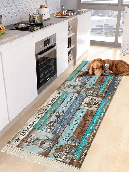 Turquoise Blue Brown Runner Rug 2X4 Ft Entryway Outdoor Indoor Mat, Washable Woven Vintage Barn Rustic Cabin Throw Carpet with Tassel, Non-Shedding Country Star Farm Wooden Plank Hallway Bath Mats