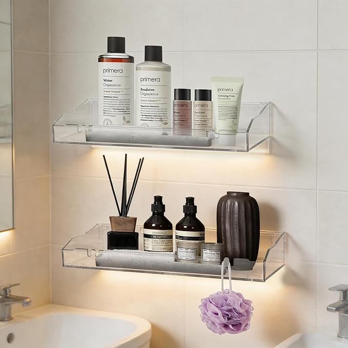 2PCS Acrylic Shelves for Wall Clear Floating Shelf Adhesive or Screws of Installation Bathroom Shelf Organizer Wall Storage Display for Bedroom Living Room Kitchen