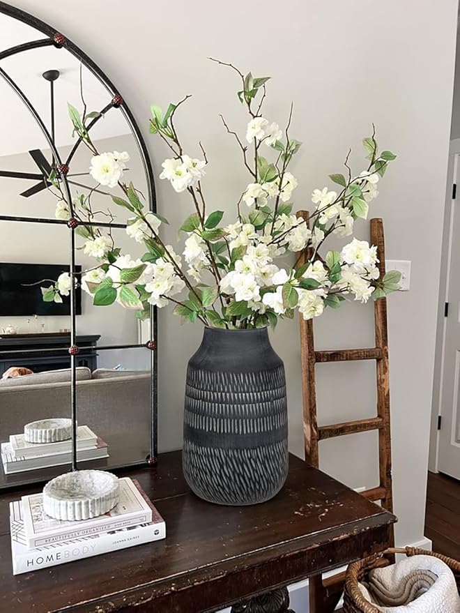 11" Rustic Farmhouse Vase with Linear Stripe, Antique Ceramic Vase Handmade in Pottery, Decorative Vintage Style for Home, Living Room, Shelf & Entryway Decor, Dark Gray