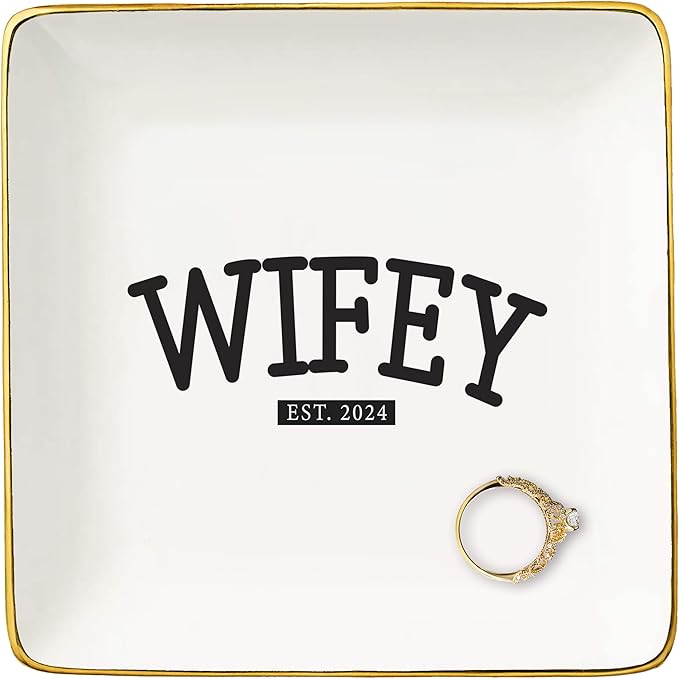 NZY Wifey 2024-Engagement Gifts-Wedding Gift for Bride-Bride to Be-Newly Engaged Gifts-Bridal Shower Gifts for Her-Bachelorette Party Gifts for Women-Ceramic Jewelry Tray Trinket Holder Ring Dish