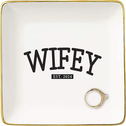 NZY Wifey 2024-Engagement Gifts-Wedding Gift for Bride-Bride to Be-Newly Engaged Gifts-Bridal Shower Gifts for Her-Bachelorette Party Gifts for Women-Ceramic Jewelry Tray Trinket Holder Ring Dish