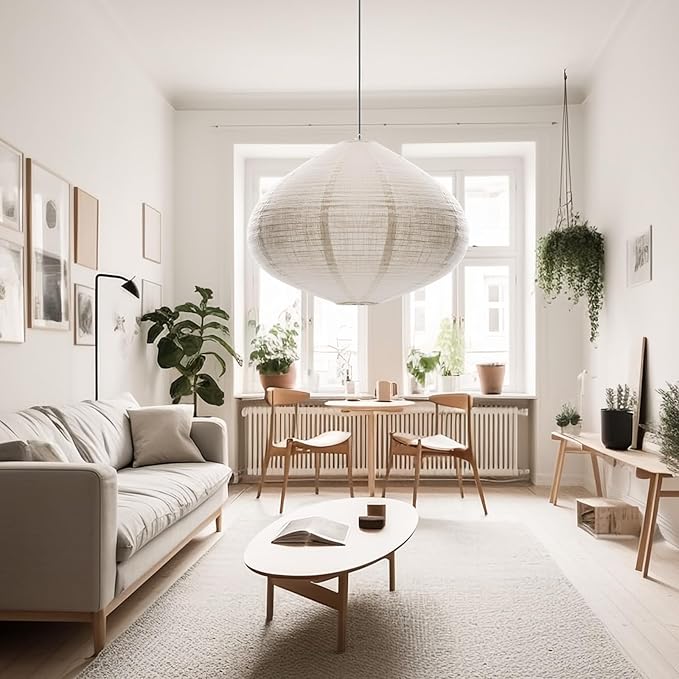 1PCS Hanging Lamp shade Oval 20INCH Blended Linen Pendant Lampshade Handmade Hanging Lantern Minimalist White Lamp Decorations Suitable for the Living room Hallway Bedroom and Kitchen