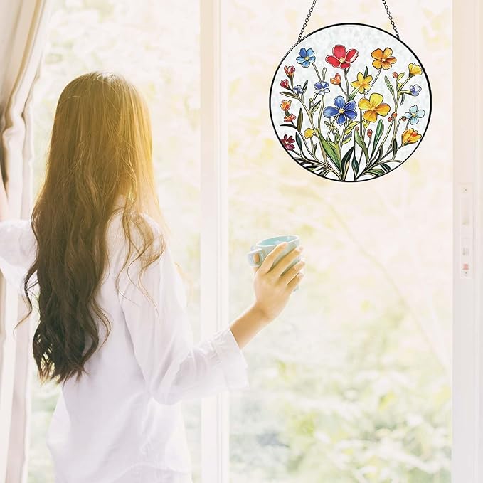 Flowers Sun Catcher Stained Glass Window Hanging Flower Decor Gifts for Women Wall Decor Handmade Sun Catcher Botanical Decoration for Home Garden Housewarming Gifts