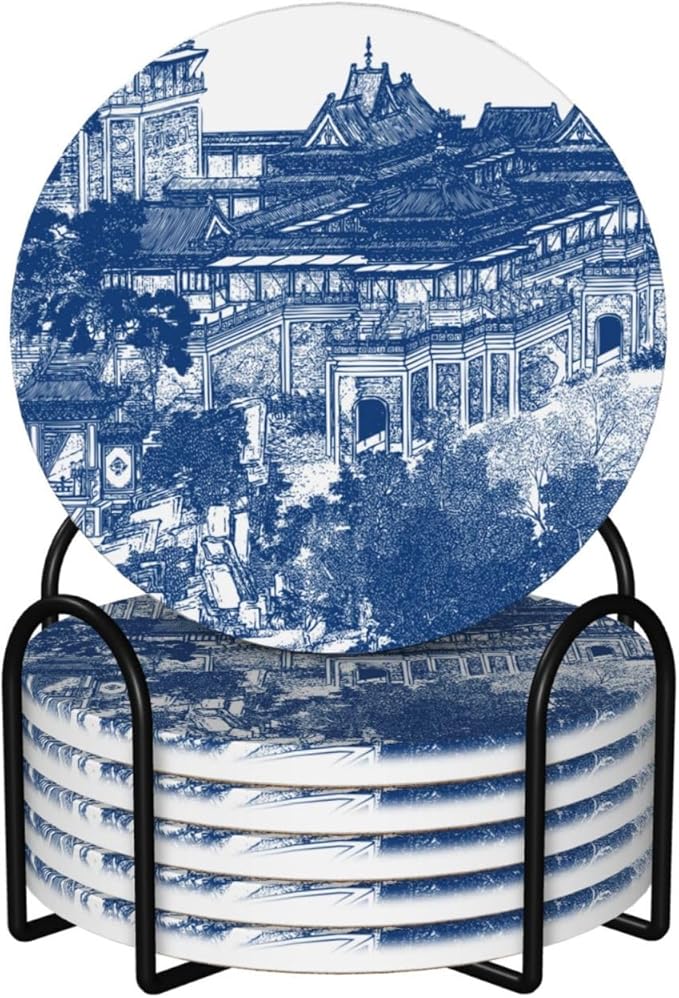 6 Pcs Ceramic Coasters with Holder Absorbent Drink Round Blue Chinoiserie Porcelain Inspiration Design for Home Table Coffee Cup Wine Beer Bar,Size 4.4 inches