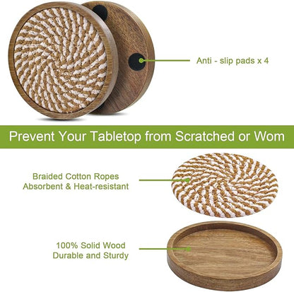 5 Pack Coasters for Drinks Absorbent, 4.3 inches Woven Coasters for Coffee Tables, Wooden Drink Coasters for Table Protection, Reusable Drink Coasters for Kitchen, Farmhouse, Bar, Office, Brown