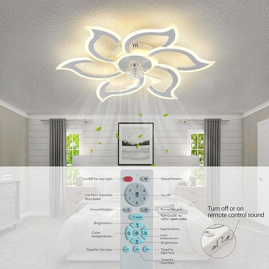 35" White Flower Ceiling Fan with Light Remote Control, 3 Light Color 6 Speeds Flush Mount Low Profile Ceiling Fan for Bedroom Kitchen
