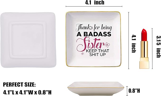 Funny Gifts for Sister, Sister in Law - Sister Gifts from Sister, Brother - Thank You, Christmas, Birthday Gifts for Sister-Thanks For Being A Badass Sister – Jewelry Holder Ring Dish Trinket Box Tray