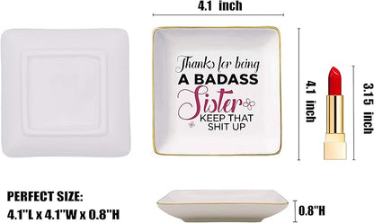 Funny Gifts for Sister, Sister in Law - Sister Gifts from Sister, Brother - Thank You, Christmas, Birthday Gifts for Sister-Thanks For Being A Badass Sister – Jewelry Holder Ring Dish Trinket Box Tray