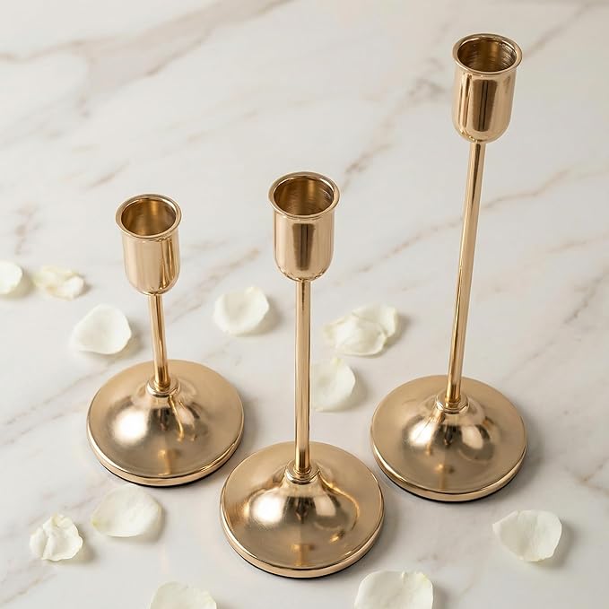 3 Pcs Gold Candlestick Holders Set - Vintage Brass Taper Candle Holder for Pillar Candles - Modern Decorative Centerpiece for Wedding Fireplace Mantel Decor - Cozy Atmosphere Housewarming Gift