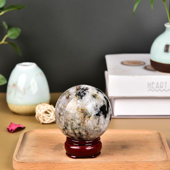 JIC Gem Large Black&White Crystal Sphere with Stand Black and White Tourmaline Crystal Ball Sphere Gemstone Decorative Ball for Home Decor Altar Reiki Feng Shui Crystal Gift 80-90mm