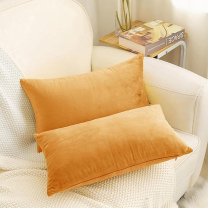 HWY 50 Orange Velvet Rectangular Throw Pillow Covers 12x20 Inch, Pack of 2 Soft Cozy Solid Decorative Fall Luxury Cushion Cases for Couch Sofa Bed Living Room Bedroom