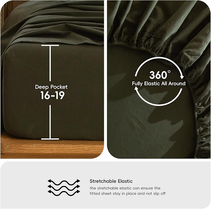 MooMee Bedding Sheet Set 100% Washed Cotton Linen Like Textured Breathable Durable Soft Comfy (Solid Olive Green, California King)