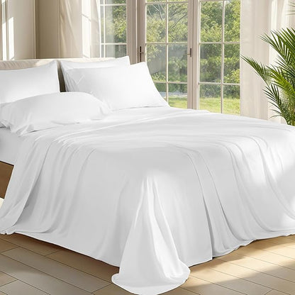 Shilucheng 100% Viscose Derived from Bamboo_ Sheets Cal King Size 6pcs - Ultra Cooling & Silky Soft Bed Sheets, 16" Deep Pocket, Perfect for Hot Sleepers, Hotel Bedding Sheets (White)